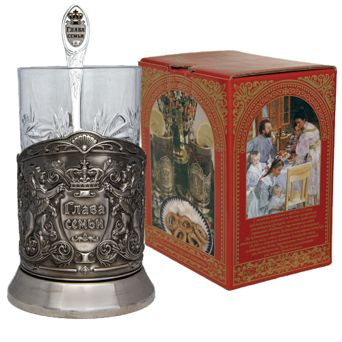 Набор для чая "Глава семьи" (3 пр.) карт.коробка, хруст.стакан,штамп,ложка-нерж.грав.